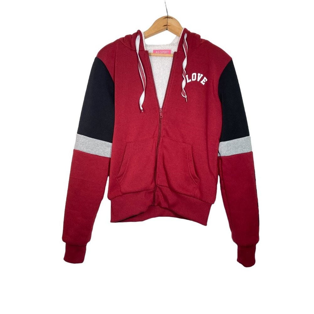 A.Q. Sport "Love" Red & Black Warm Fleece Lined Zippered Hoodie AQ Jacket MEDIUM